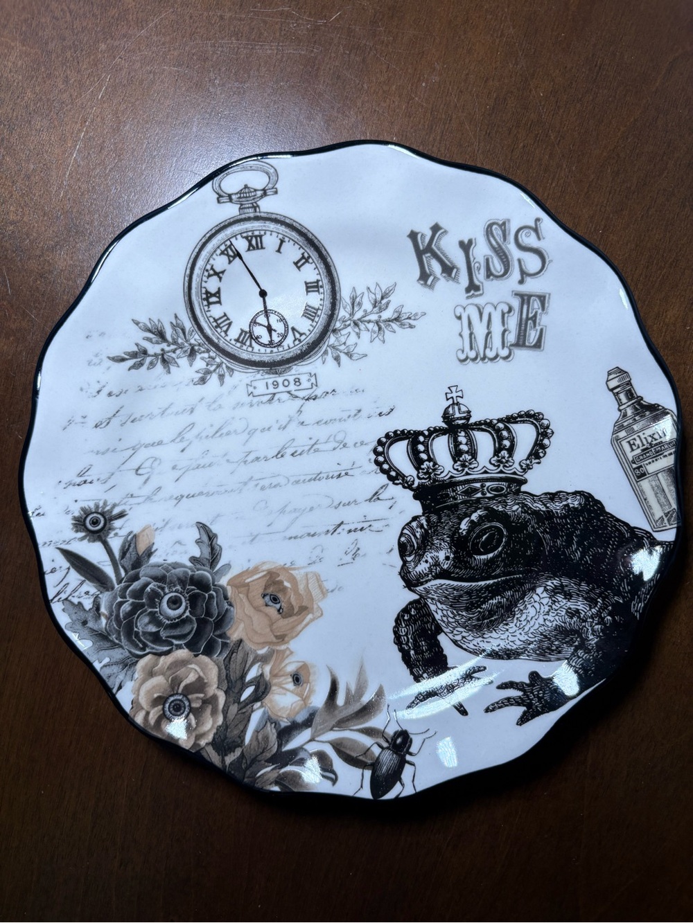 Kiss Me Crowned Frog Decorative Wall Plate - Black, White & Tan